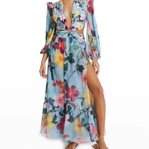 Brand New PatBO Hibiscus Floral Cut Out Maxi Dress Chiffon Blue Size Small